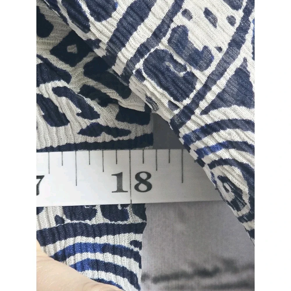 Tory Burch Silk Shell Navy Blue White Patterned Long Sleeve Button Accent Blouse